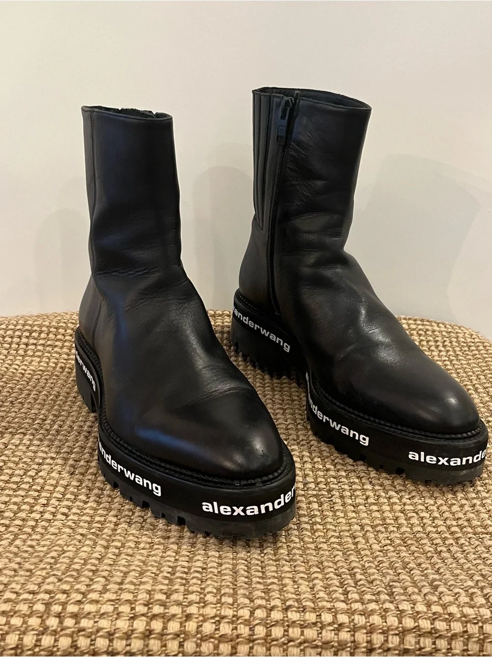 Alexander Wang Sanford Black Chelsea Ankle Boots Lug Logo Platform Size 8